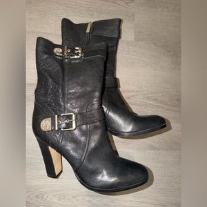 Vince Camuto Black Leather Heeled Boots with Buckle Detail